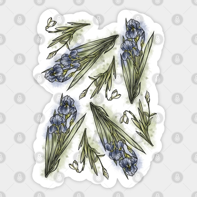 Violet Spring Flowers set, Art Nouveau flower pattern, nature, Iris and Primrose, Pastel, Watercolor style Sticker by SSINAMOON COVEN